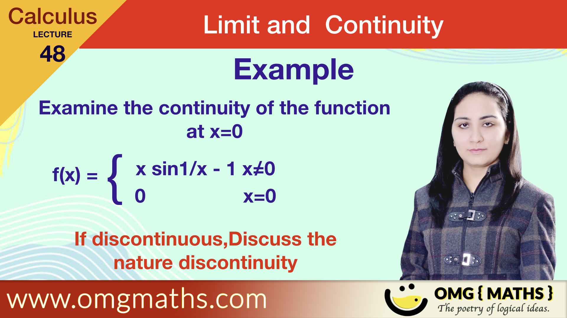 f(x)= xsin1/x -1 | check continuity | Example 5 | Limit and Continuity | Calculus | Bsc | Removable discontinuity example