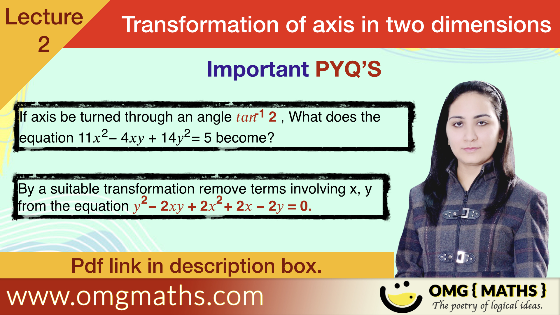 Transformation of axes in 2D | Plane Geometry | PYQ’S | Part 2 | Bsc