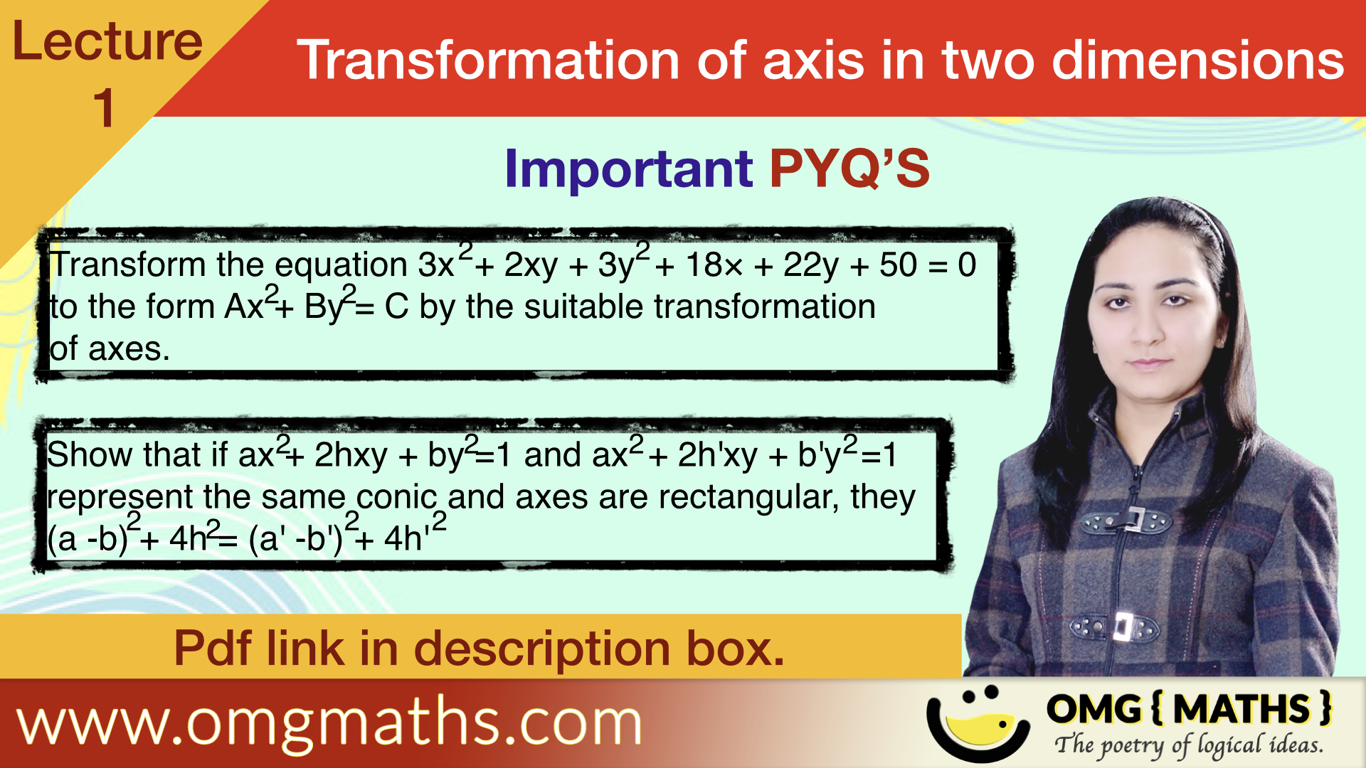 Transformation of axes in 2D | Plane Geometry | PYQ’S | Bsc