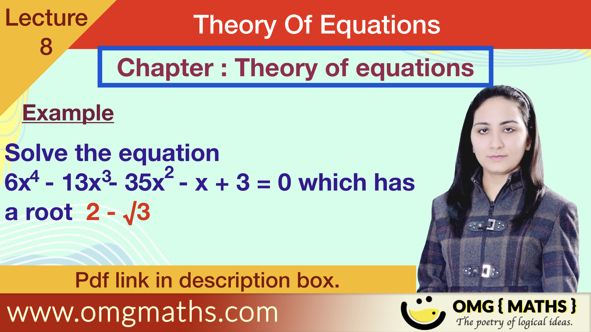 imaginary and irrtaional roots occur in conjugate pair | Theory of equation | example | Bsc