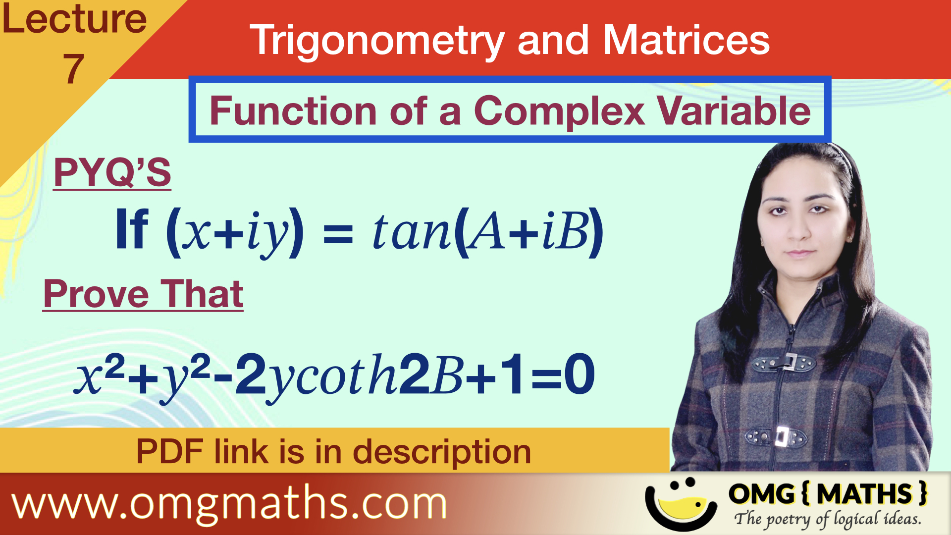 x+iy = tan(A+iB)| Function of a complex variable | pyq | Bsc | Trigonometry and Matrices