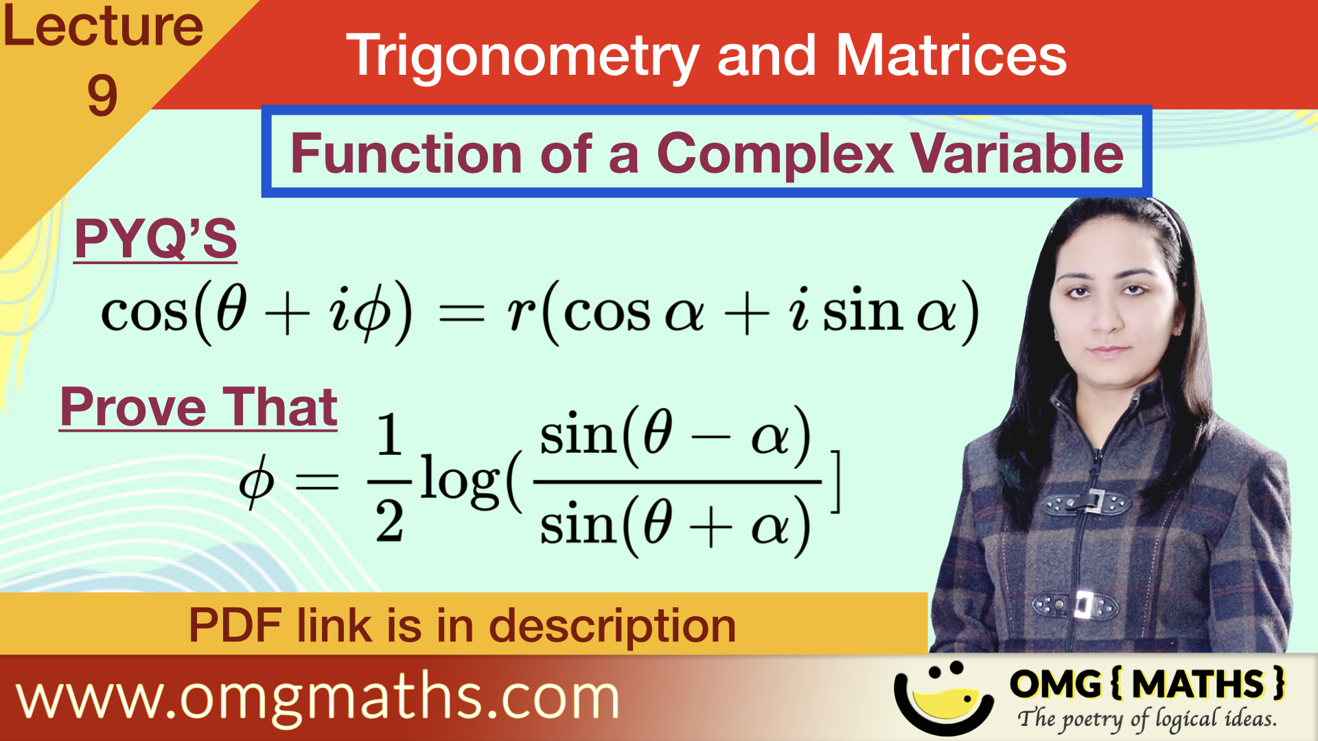 cos(theta+iPhi) = r(cosA+iSinA)| Function of a complex variable | pyq | Bsc | Trigonometry and Matrices